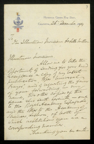 SOURINDRO MOHUN TAGORE, à Calcutta (Inde) : 2 lettres.