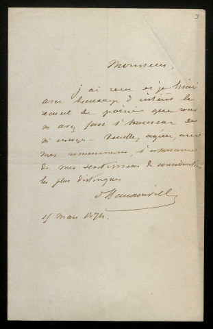HAUSSONVILLE (Joseph, comte d'), homme politique, membre de l'Académie française (1809-1884) : 1 lettre.