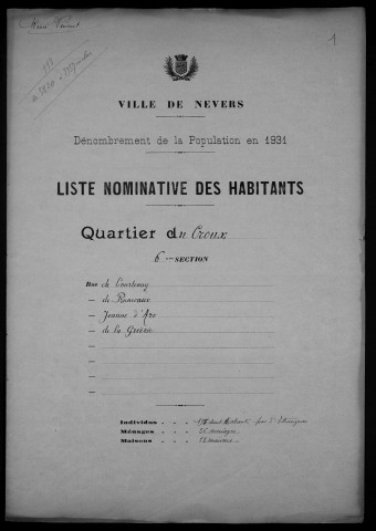 Nevers, Quartier du Croux, 6e section : recensement de 1931