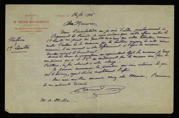 BOURDEAU (René), avocat à Cosne : 1 lettre.