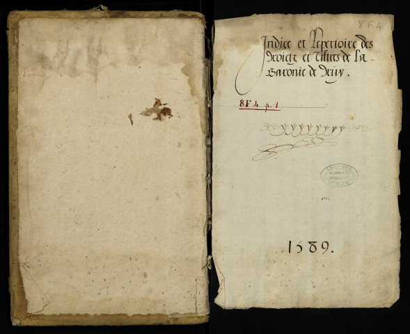 Fief de Druy : terrier avec table thématique (1589), preuve des limites de justice (pièce papier jointe, 1717).