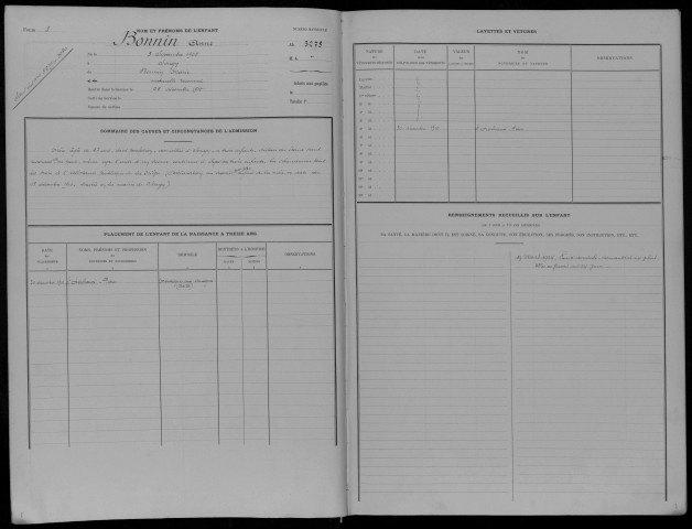 Enfants abandonnés, admission de 1910 à 1914 : registre matricule des n° 3276 à 3499.