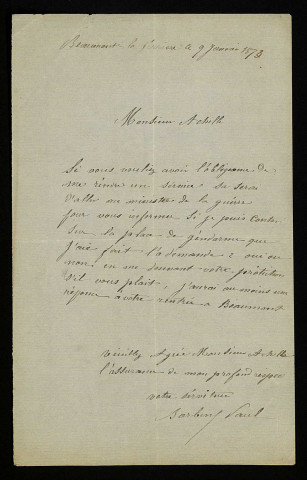 BARBIN (Paul), à Beaumont-la-Ferrière (né en 1841) : 1 lettre.