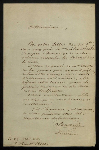 WALDOR (Mélanie), écrivain (1796-1871) : 1 lettre.
