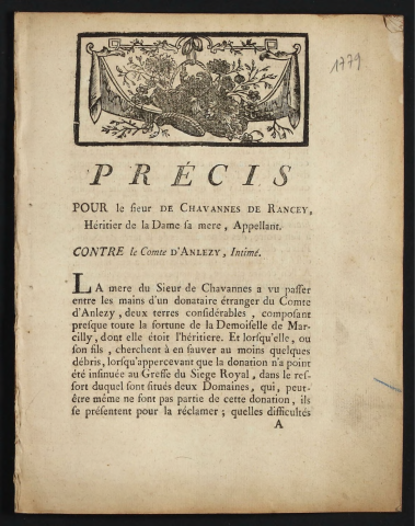 Précis pour le Sieur de Chavannes de Rancey, Héritier de la Dame sa mère, Appellant ; contre le Sieur d'Anlezy, Intimé