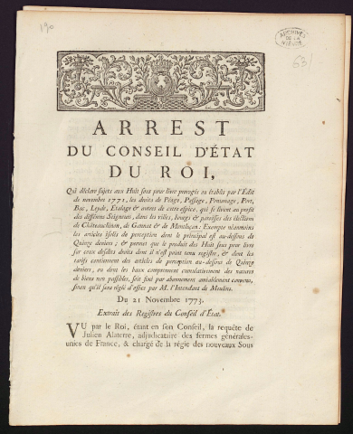 Arrest du Conseil d'État du Roy, qui déclare sujets aux Huit Sous pour livre prorogés ou établis par l'Edit de novembre 1771, les droits de Péage, Passage, Pontonage, Port, Bac, Leyde, etalage & autres de cette espèce, qui se lèvent au profit des différents Seigneurs, dans les villes, bourgs & Paroisses des élections de Châteauchinon, de Gannat & de Montluçon […] Du 21 novembre 1773