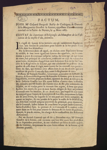 Factum pour M. Gaspard Bargedé Bailly de Corbigny, et Damoiselle Marguerite Goussot la femme, appellans d'une sentence renduë en la Pairie de Nevers, le 4 mars 1687