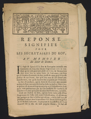 Réponse signifiée pour les secrétaires du Roy, au mémoire du Sieur de Damas