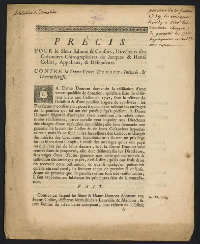 Précis pour le Sieur Salmon & Consors, Directeurs des Créanciers Chirographaires de Jacques & Henri Collot, Appellans, & defendeurs. Contre la Dame Veuve Dumont, intimée & Demanderesse