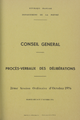 Session du Conseil général des 26-27 octobre 1976 : procès-verbaux des délibérations (p. 1-180), table des matières (12 p.), index