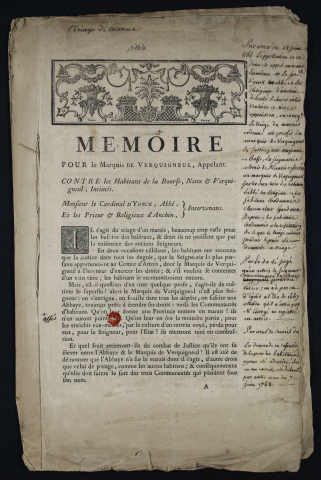 Mémoire pour le Marquis de Verquigneul, Appelant. Contre les habitans de la Bourse, Neux & Verquigneul, Intimés. Monsieur le Cardinal d'York, Abbé, & les Prieurs & religieux d'Anchin, Intervenants