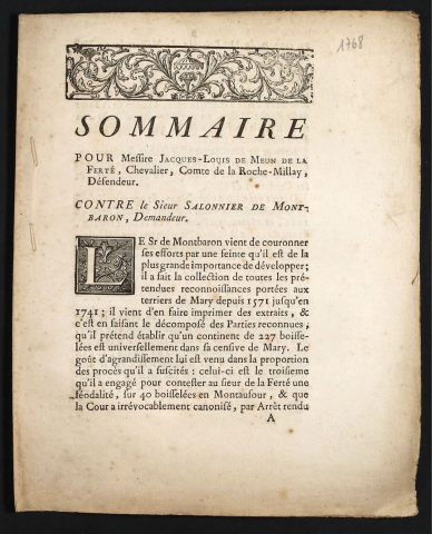 Sommaire pour Messire Jacques-Louis de Meun de la Ferté, Chevalier, Comte de la Roche-Millay ; Contre le Sieur Salonnier de Montbaron, demandeur
