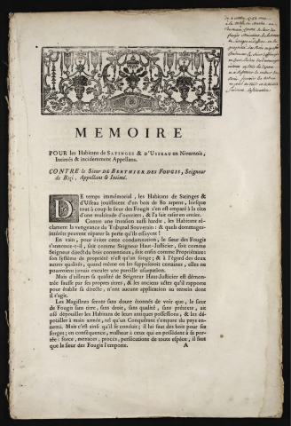 Mémoire pour les Habitans de Satinges & d'Usseau en Nivernois, Intimés & incidemment Appellans. Contre le Sieur de Berthier des Fougis, Seigneur de Bizi, Appellant & Intimé