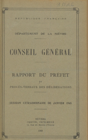 Session du Conseil général des 20-23 janvier 1948 : rapport du préfet (p. 1-105), procès-verbaux des délibérations (p. 85-413), table des matières (p. 415-431)