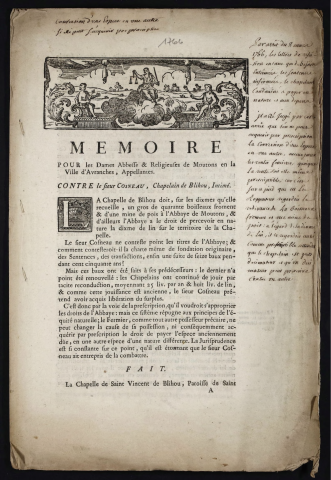 Mémoire pour les Dames Abbesses & Religieuses de Moutons en la Ville d'Avranches, Appellantes. Contre le Sieur Cosneau, Chapelain de Blihou, Intimé