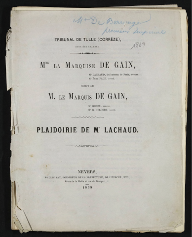 Mme la Marquise de Gain, contre M. le Marquis de Gain. Plaidoirie de Me Lachaud