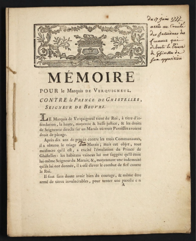 Mémoire pour le Marquis de Verquigneul, contre le Prince de Ghistelles, seigneur de Beuvri