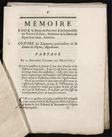 Mémoire pour la Dame de Prévost & la Demoiselle de Vaulx sa sœur, héritières de la Dame de Nyon, leut tante, Intimées. Contre les légataires particuliers de la Dame de Nyon, Appellans.