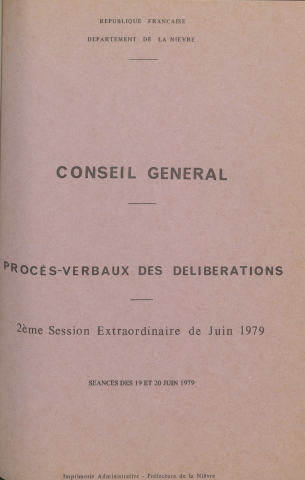 Session du Conseil général des 19-20 juin 1979 : procès-verbaux des délibérations (p. 1-195), table des matières (10 p.), index