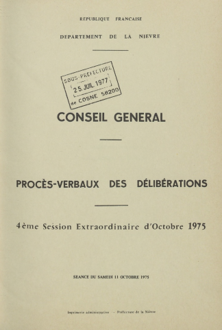 Session du Conseil général du 11 octobre 1975 : procès-verbaux des délibérations (p. 1-61), table des matières (4 p.)