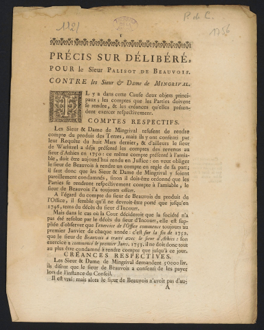 Précis sur délibéré, pour le Sieur Palisot de Beauvois, contre les Sieur & Dame de Mingrival