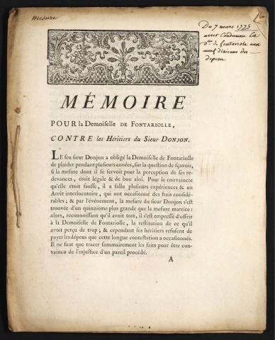 Mémoire pour la Demoiselle de Fontariolle, contre les Héritiers du Sieur Donjon