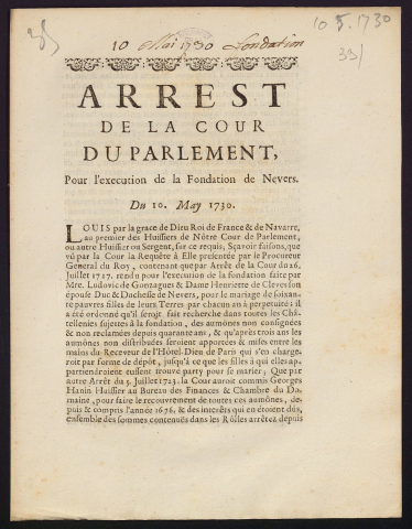 Arrest de la Cour de Parlement, pour l'execution de la Fondation de Nevers du 10 May 1730