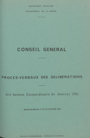 Session du Conseil général des 20-22 janvier 1981 : procès-verbaux des délibérations (p. 1-195), table des matières (10 p.)