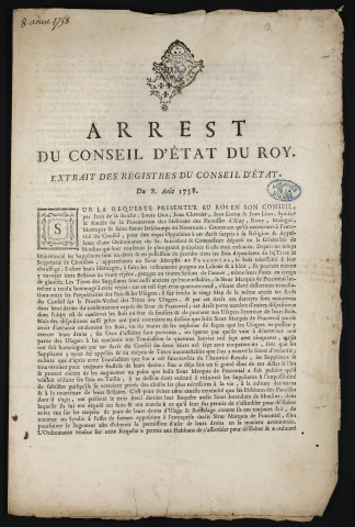 Arrest du Conseil d'Etat du Roy. Extrait des registres du Conseil d'Etat du 8 Août 1758