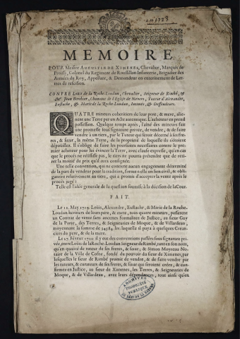Mémoire pour Messire Augustin de Ximenes, Chevalier, Marquis de Proissy, Colonel du Régiment de Roussillon Infanterie, Brigadier des Armées du Roy, Appellant, & Demandeur en enterinement de Lettres de rescision. Contre Louis de la Roche-Loudun, Chevalier, Seigneur de Rimbé, & Me Jean Berthier, Chanoine de l'Église de Nevers, tuteur d'Alexandre, Eustache, & Marie de la Roche-Loudun, Intimés é Déffendeurs