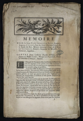 Mémoire pour le Sieur Paul-Augustin Save, Ecuyer, Seigneur d'Ougny, […] et le Sieur de Cotignon, Ecuyer, Seigneur de Mouasse, son Curateur, Appelans. Contre Dame Catherine Boucher d'Orsay, épouse séparée de Messire Léonor, Marquis de Pracomtal, Dame de Châtillon-en-Bazois, Intimée