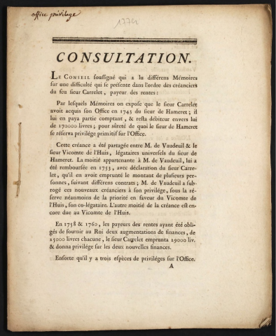 Consultation sur une difficulté qui se présente dans l'ordre des créanciers de feu Sieur Carrelet, payeur de rentes