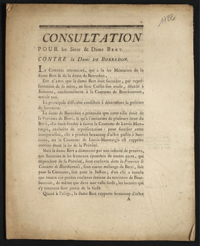 Consultation pour les Sieur & Dame Bert ; contre la Dame de Bosredon