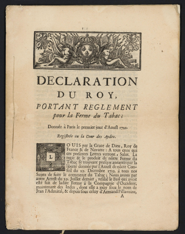 Déclaration du Roy, portant règlement pour la Ferme du Tabac