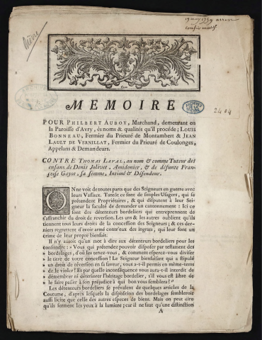Mémoire pour Philibert Auboy, Marchand, demeurant en la Paroisse d'Avry, ès noms & qualités qu'il procède ; Louis Bonneau, fermier au Prieuré de Montambert & Jean Lault de Vernillat, Fermier du Prieuré de Coulonges, Appelans & Demandeurs. Contre Thomas Laval, au nom & comme tuteur des enfans de Denis Jolivet, Amidonier, & de défunte Françoise Gayot, sa femme, Intimé & Défendeur