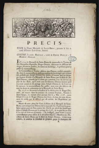 Précis pour la Dame Marquise de Saint-Rémy, prenant le fait & cause d'Emery Louvrier, Intimé. Contre Jeanne Bleuzac, veuve de Roger Doreau, & Marcel Doreau
