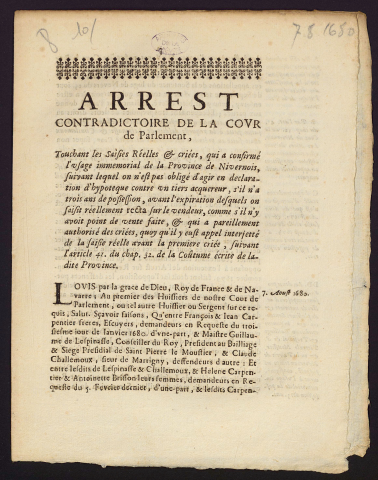 Arrest contradictoire de la cour de Parlement, touchant les saisies réelle & criées, qui confirme l'usage immémorial de la Province du Nivernois, suivant lequel on n'est pas obligé d'agir en declaration d'hypoteque contre un tiers acquereur, s'il n'a trois ans de possession, avant l'expiration desquels on saisit réellement recta sur le vendeur, comme s'il n'y avoit point de vente faite, & qui a pareillement authorisé des criées, quoy qu'il y eust appel interjetté de la saisie réelle avant la première criée, suivant l'article 41. du chap. 32 de la Coutûme écrite de ladite Province