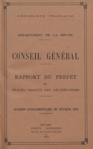 Session du Conseil général des 23-26 février 1950 : rapport du préfet (p. 1-181), procès-verbaux des délibérations (p. 183-471), table des matières (p. 473-487)