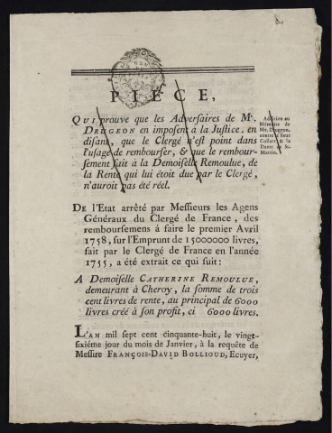 Pièce qui prouve que les adversaires de Me Drugeon en imposent à la justice […] De l'Etat arrêté par Messieurs les Agens généraux du Clergé de France […] à Demoiselle Catherine Rémoulue […]