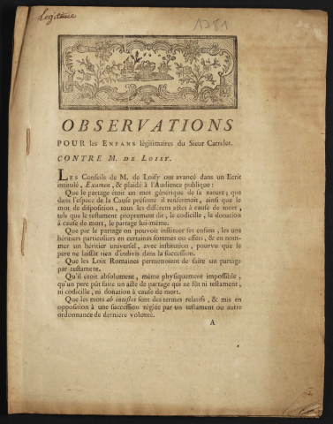 Observations pour les enfans légitimaires du Sieur Carrelet contre M. de Loisy