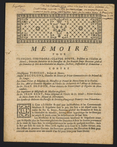 Mémoire pour François-Théodore-Claude Bouys, président sur l'Election de Nevers […] Déffendeur & demandeur Contre Monseigneur Tinson, Evêque de Nevers, Messire Decolons, Chanoine de Nevers […] tous demandeurs