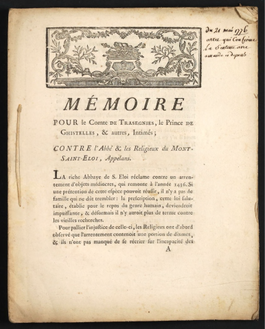 Mémoire pour le Comte de Trasegnies, le Prince de Ghistelles, & autres, Intimés ; Contre l'Abbé & les Religieux du Mont-Saint-Eloi, Appelans