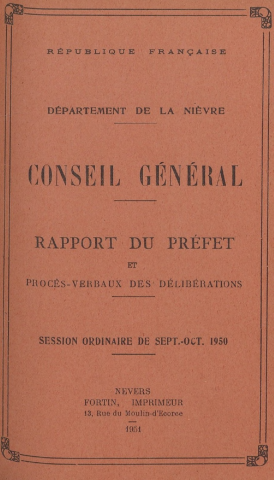 Sessions du Conseil général des 13-15 septembre et 3-5 octobre 1950 : rapport du préfet (p. 1-150), procès-verbaux des délibérations (p. 151-433), table des matières (p. 435-450)