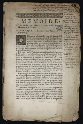 Mémoire pour Messire Jean-Marie Sallonnier, Seigneur de Montbaron & de Couloize. Contre Messire Louis Demeun de La Ferté, Comte de La Rochemillay