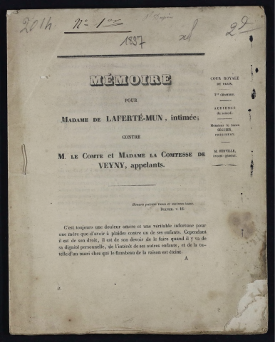Mémoire pour Madame de Laferté-Mun, intimée ; contre M. le Comte et Madame la Comtesse de Veyny, appelants