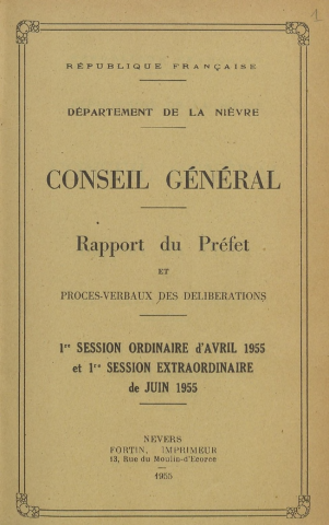 Session du Conseil général des 27-28 avril 1955 : procès-verbaux des délibérations (p. 1-104), table des matières (p. 108)