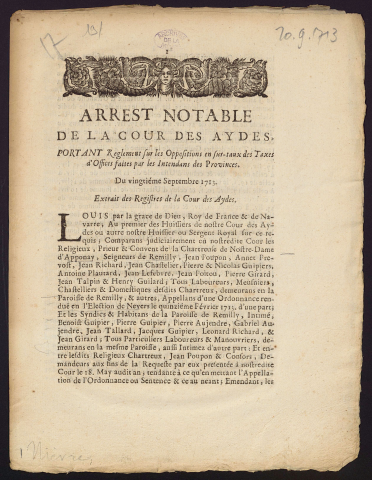 Arrest notable de la Cour des Aydes, portant reglement sur les oppositions en sur-taux des Taxes d'Offices faites par les Intendants des Provinces