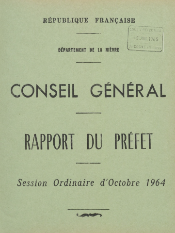 Session du Conseil général des 12-13 octobre 1964 : rapports du préfet (n° 1-36), table des matières (p. 1-4), procès-verbaux des délibérations (p. 1-133), table des matières (p. 1-8)