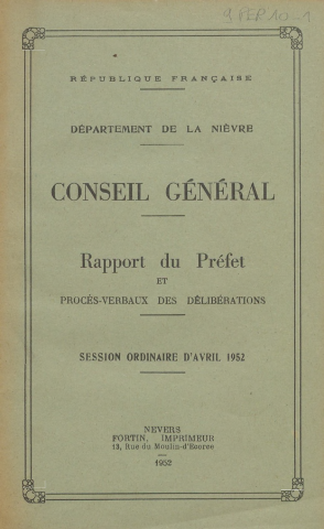 Session du Conseil général du 21 avril 1952 : rapport du préfet (p. 1-47), procès-verbaux des délibérations (p. 49-98), table des matières (p. 101-106)