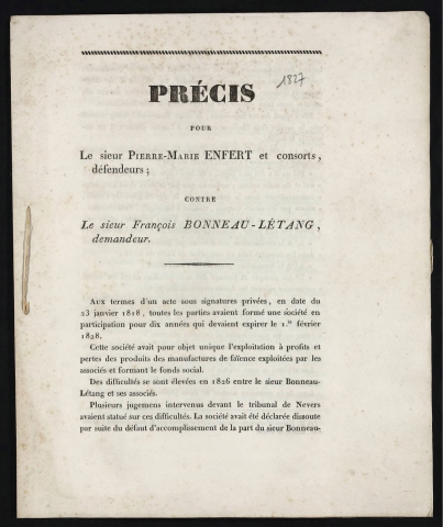 Précis pour le sieur Pierre-Marie Enfert et consorts, défendeurs ; contre le sieur François Bonneau-L'Etang, demandeur
